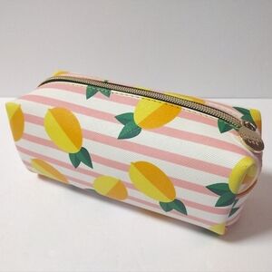 Dabney Lee Lemon Print Pink Stripe Single Zip Cosmetic Bag Makeup Travel Pouch